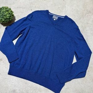 Thomas Dean Blue Merino Wool Sweater Size XL Extra Fine V Neck Classic Preppy